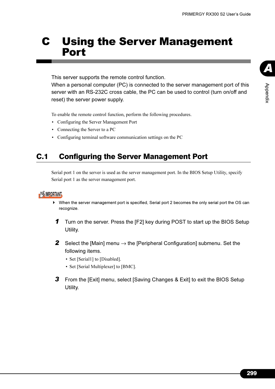 C using the server management port, C.1 configuring the server management port, R to "appendix c using the server management port | Pg.299) | Primera Technology Fujitsu Tape Drive RX300 S2 User Manual | Page 299 / 311