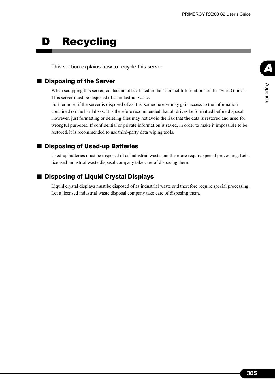 D recycling | Primera Technology Fujitsu Tape Drive RX300 S2 User Manual | Page 305 / 311