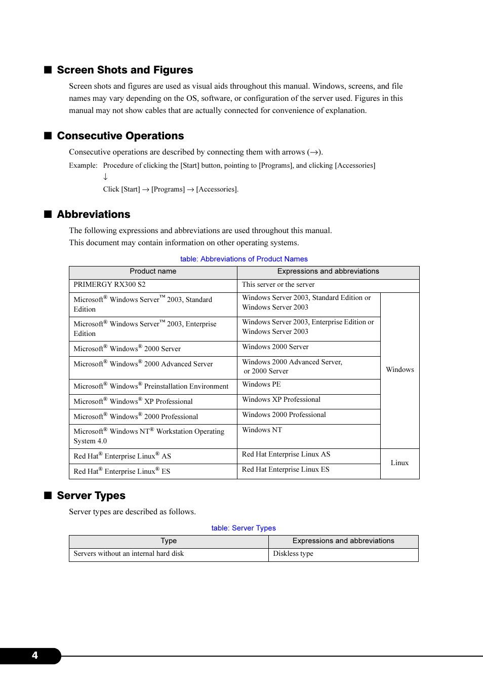 Screen shots and figures, Consecutive operations, Abbreviations | Server types | Primera Technology Fujitsu Tape Drive RX300 S2 User Manual | Page 4 / 311