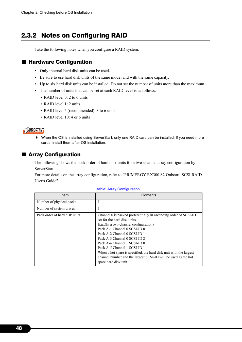 2 notes on configuring raid, Hardware configuration, Array configuration | Primera Technology Fujitsu Tape Drive RX300 S2 User Manual | Page 48 / 311