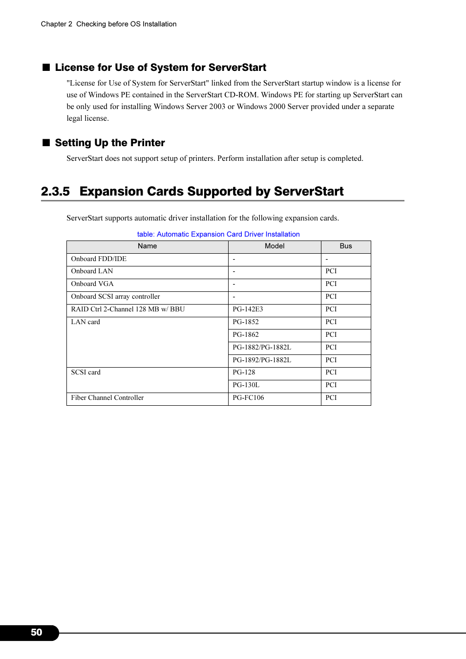 5 expansion cards supported by serverstart, License for use of system for serverstart, Setting up the printer | Primera Technology Fujitsu Tape Drive RX300 S2 User Manual | Page 50 / 311