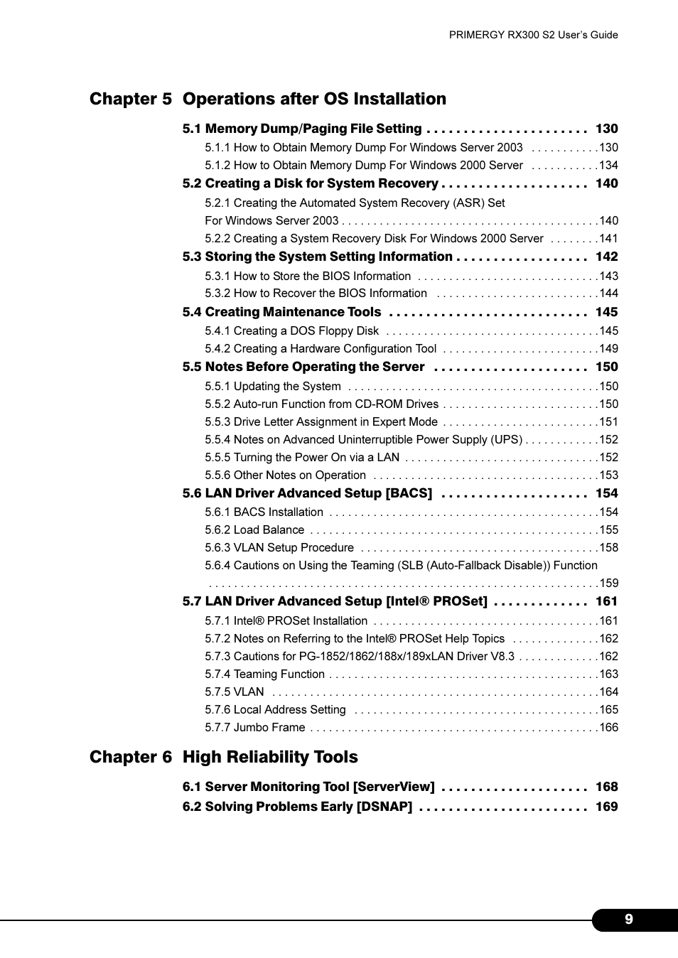 Chapter 5 operations after os installation, Chapter 6 high reliability tools | Primera Technology Fujitsu Tape Drive RX300 S2 User Manual | Page 9 / 311