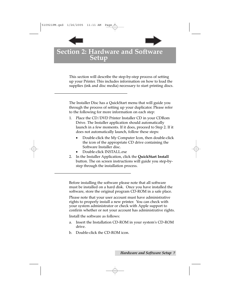 Section 2: hardware and software set-up, A. installing the pc software, B. installing the mac software | Primera Technology BravoPro Optical Disc Printing System User Manual | Page 11 / 48