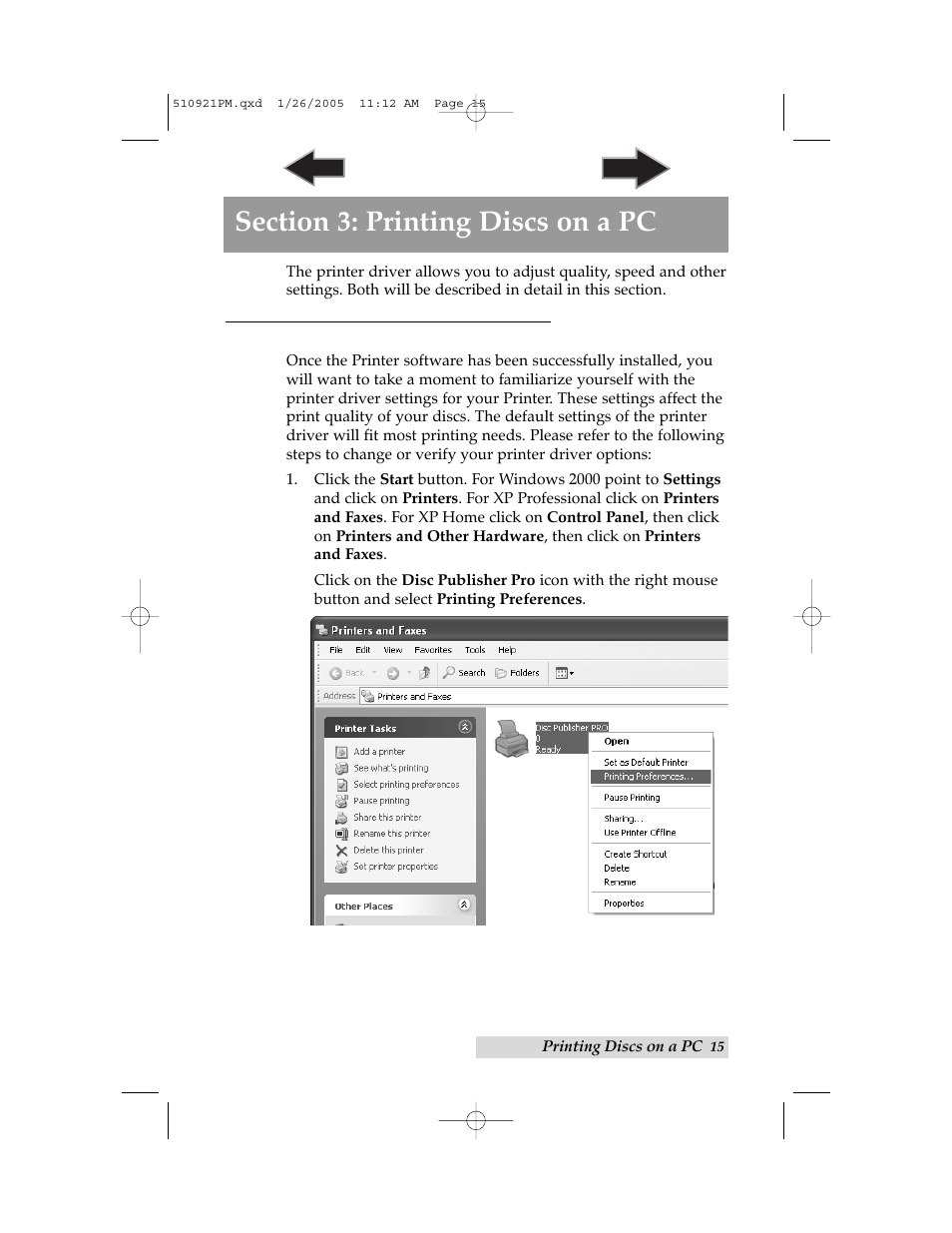 Section 3: printing discs on a pc, A. setting up the printer driver | Primera Technology BravoPro Optical Disc Printing System User Manual | Page 19 / 48