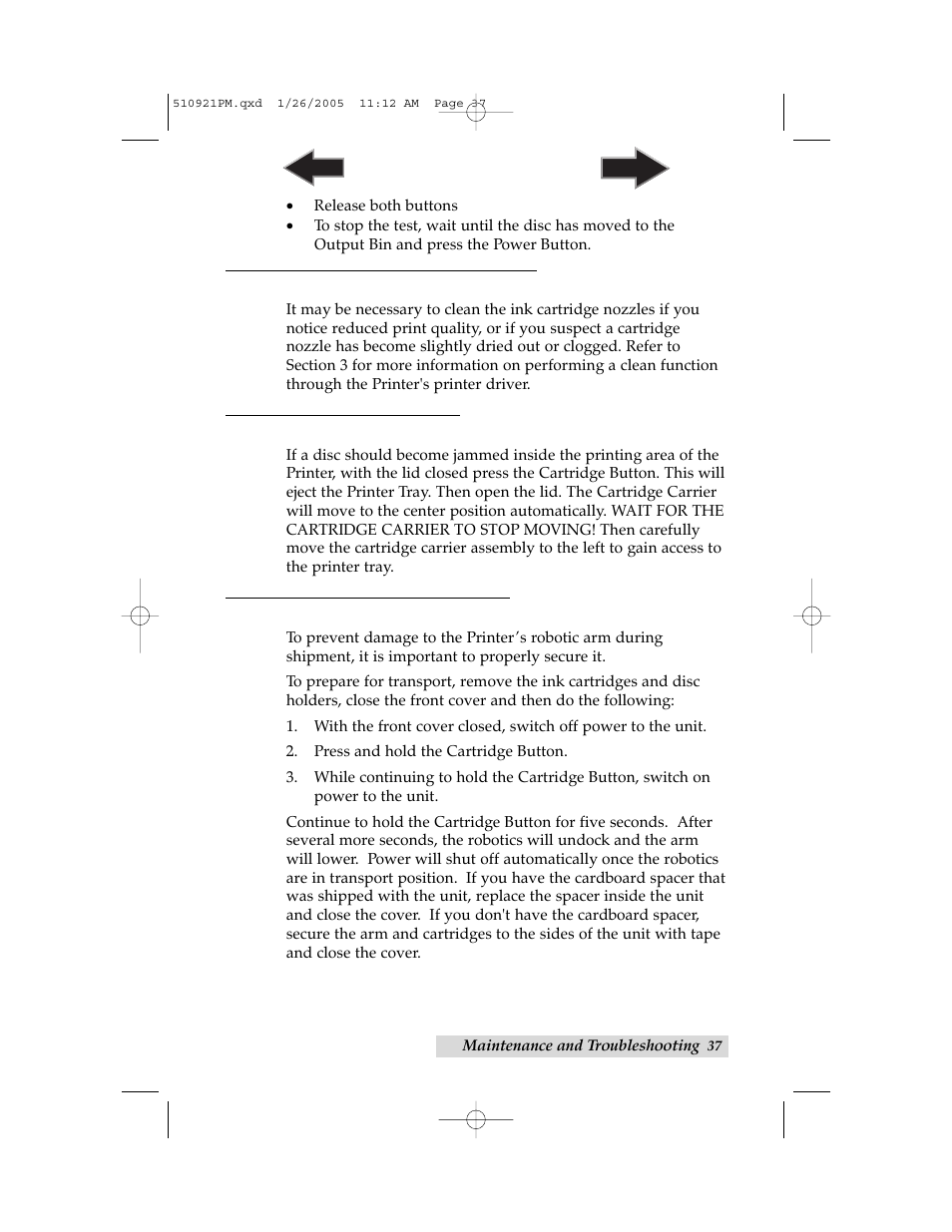 C. cleaning the ink cartridges, D. clearing a media jam, E. transporting the printer | Primera Technology BravoPro Optical Disc Printing System User Manual | Page 41 / 48