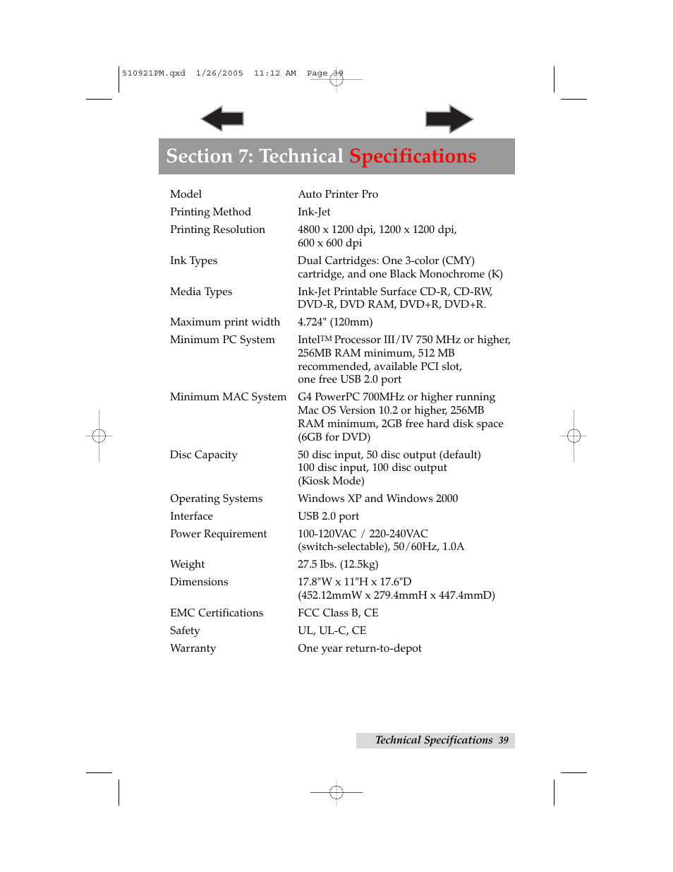 Section 7: technical specifications | Primera Technology BravoPro Optical Disc Printing System User Manual | Page 43 / 48