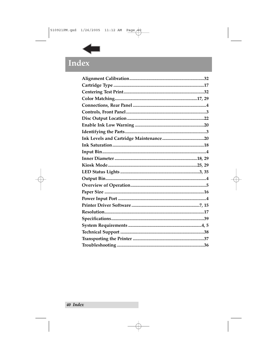 Index | Primera Technology BravoPro Optical Disc Printing System User Manual | Page 44 / 48