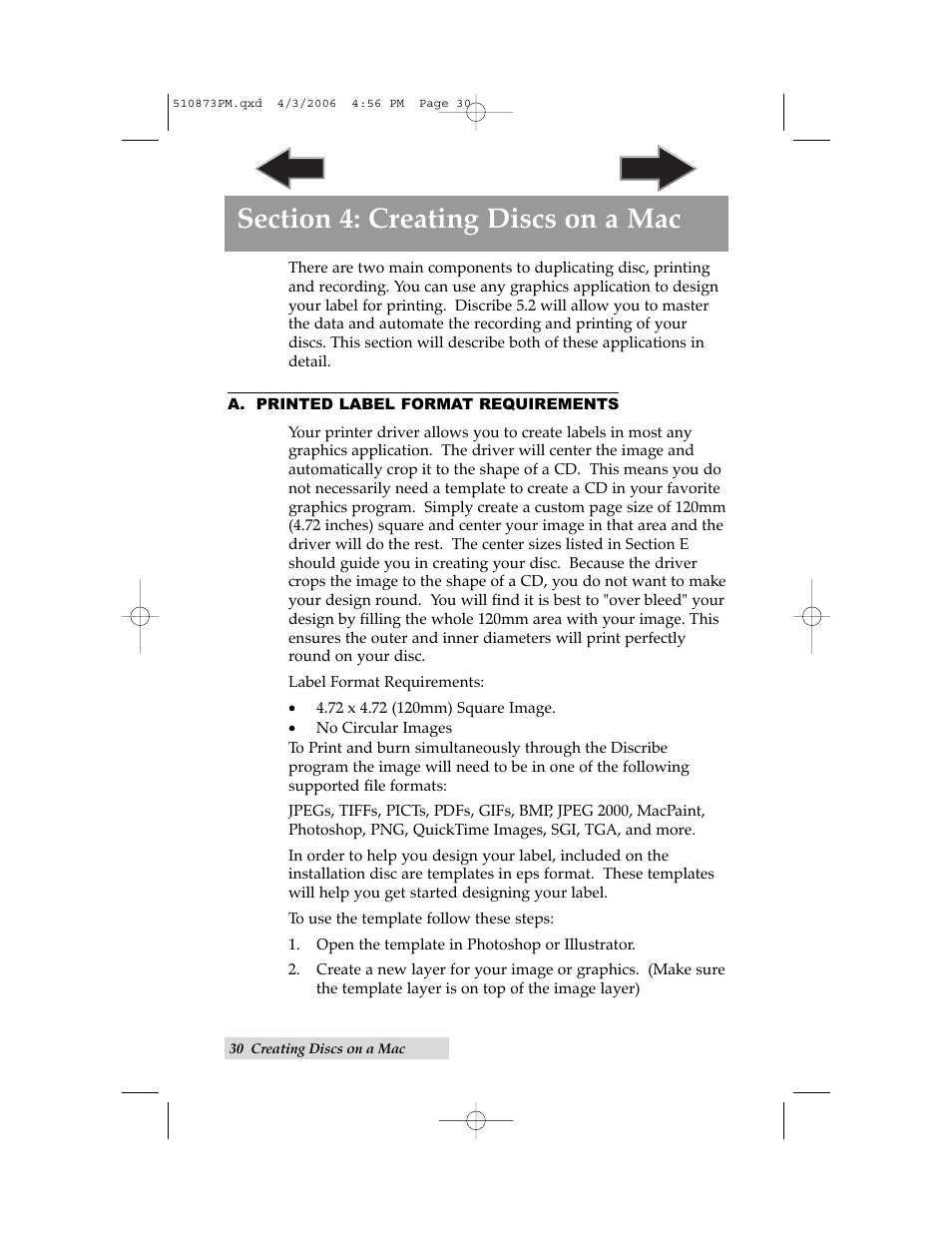 Section 4: creating discs on a mac, A. printed label format requirements | Primera Technology Primera Bravo Automated Opitcal Disc Duplication & Printing System II User Manual | Page 34 / 72