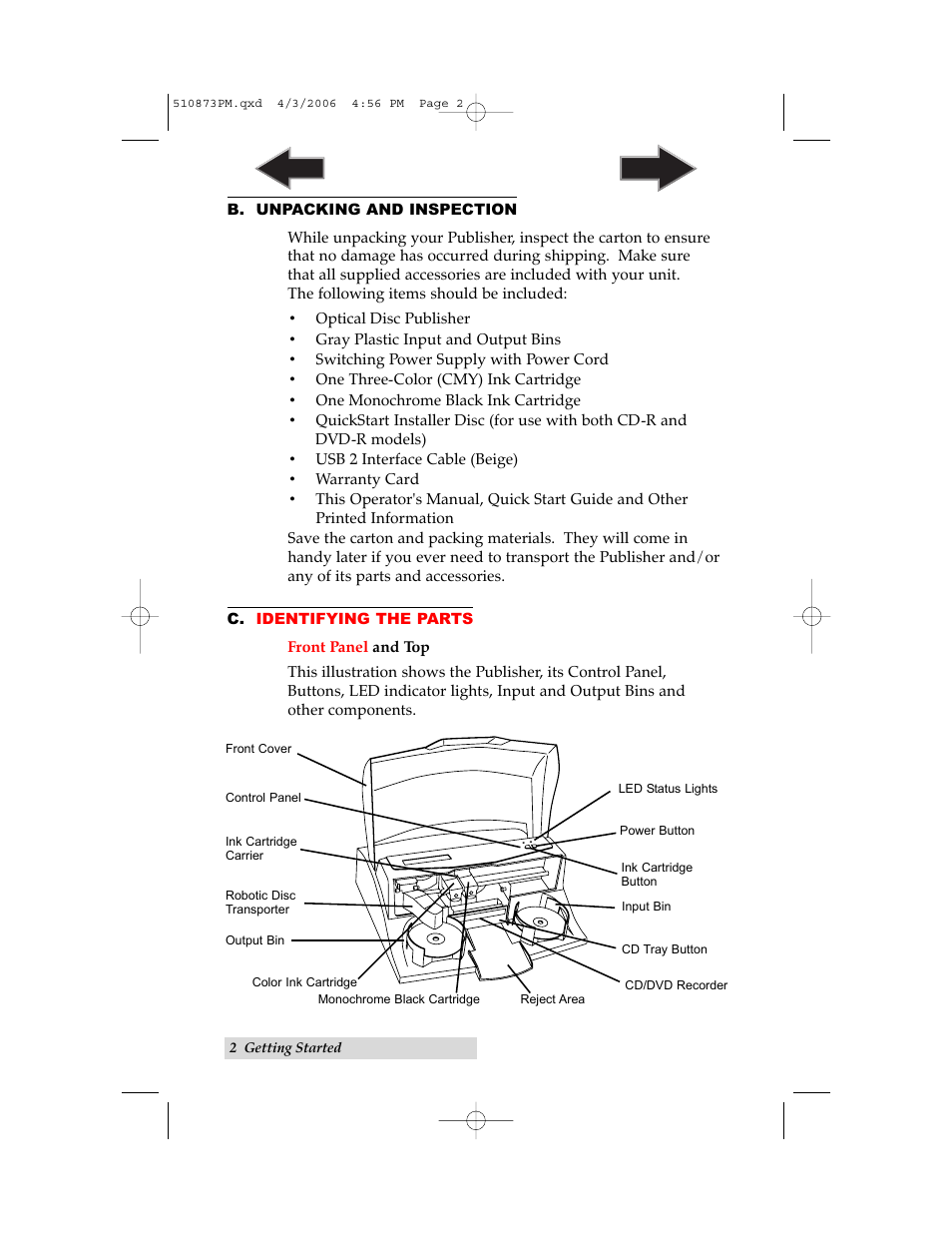 B. unpacking and inspection, C. identifying the parts, Index | Primera Technology Primera Bravo Automated Opitcal Disc Duplication & Printing System II User Manual | Page 6 / 72