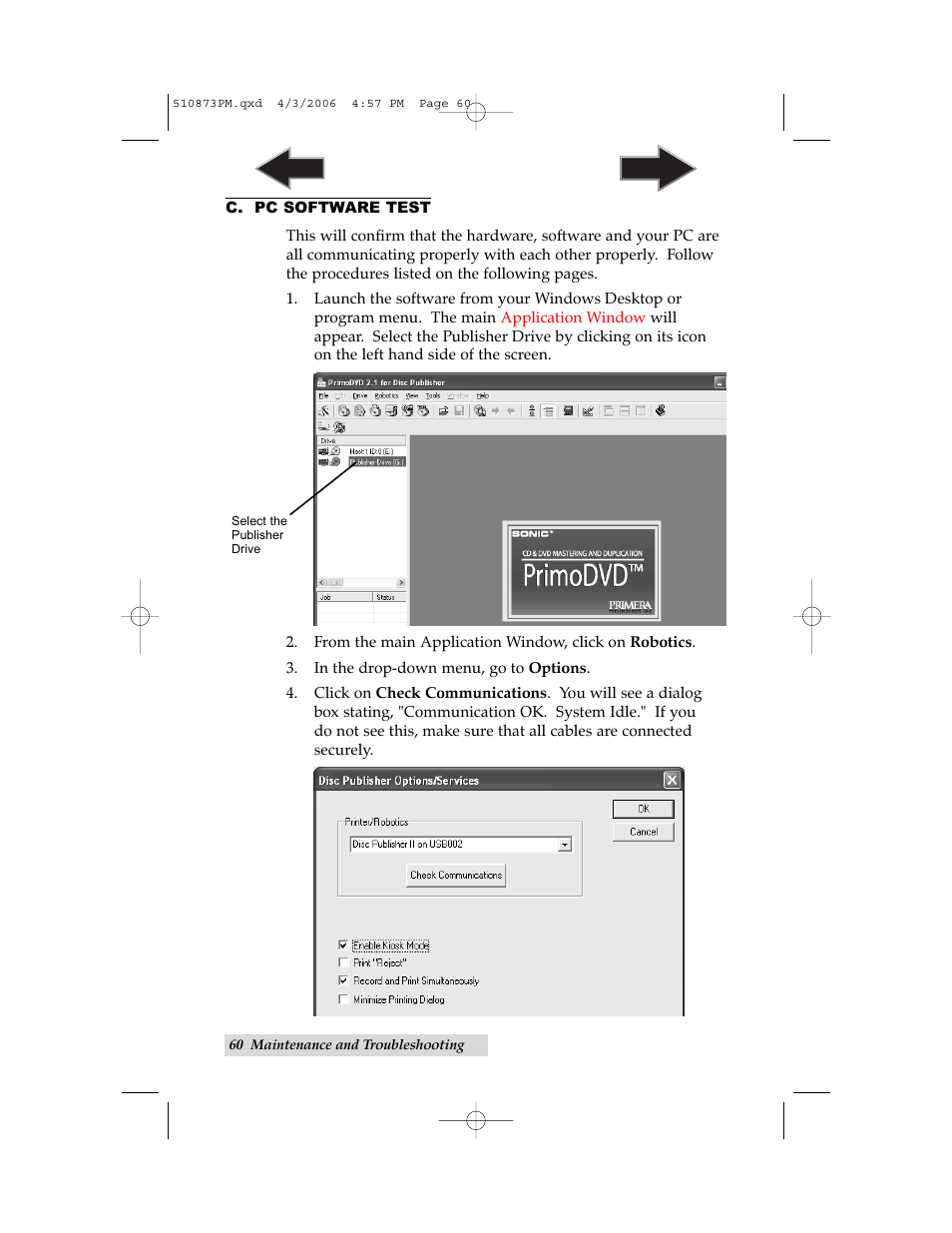 C. pc software test | Primera Technology Primera Bravo Automated Opitcal Disc Duplication & Printing System II User Manual | Page 64 / 72