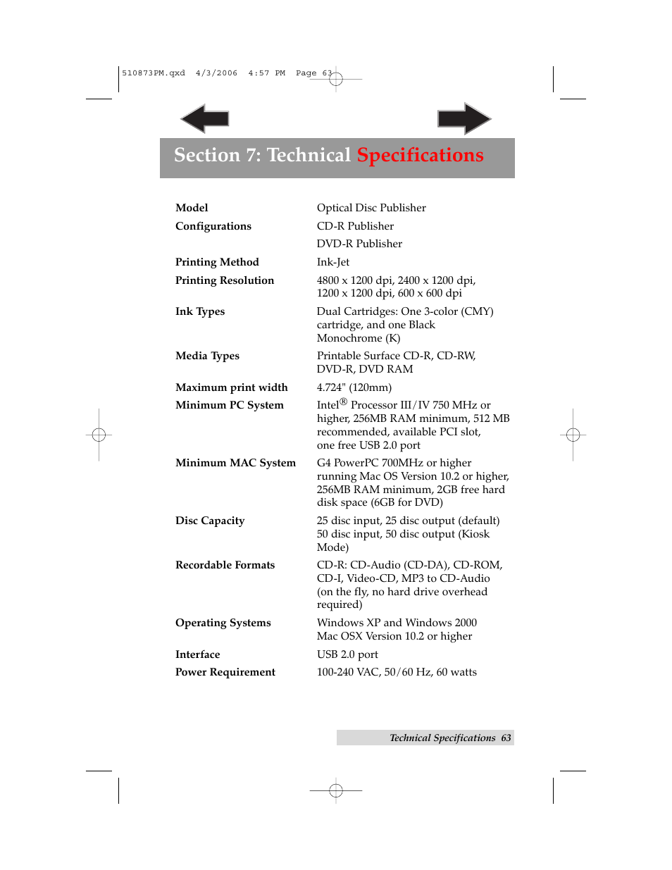 Section 7: technical specifications | Primera Technology Primera Bravo Automated Opitcal Disc Duplication & Printing System II User Manual | Page 67 / 72