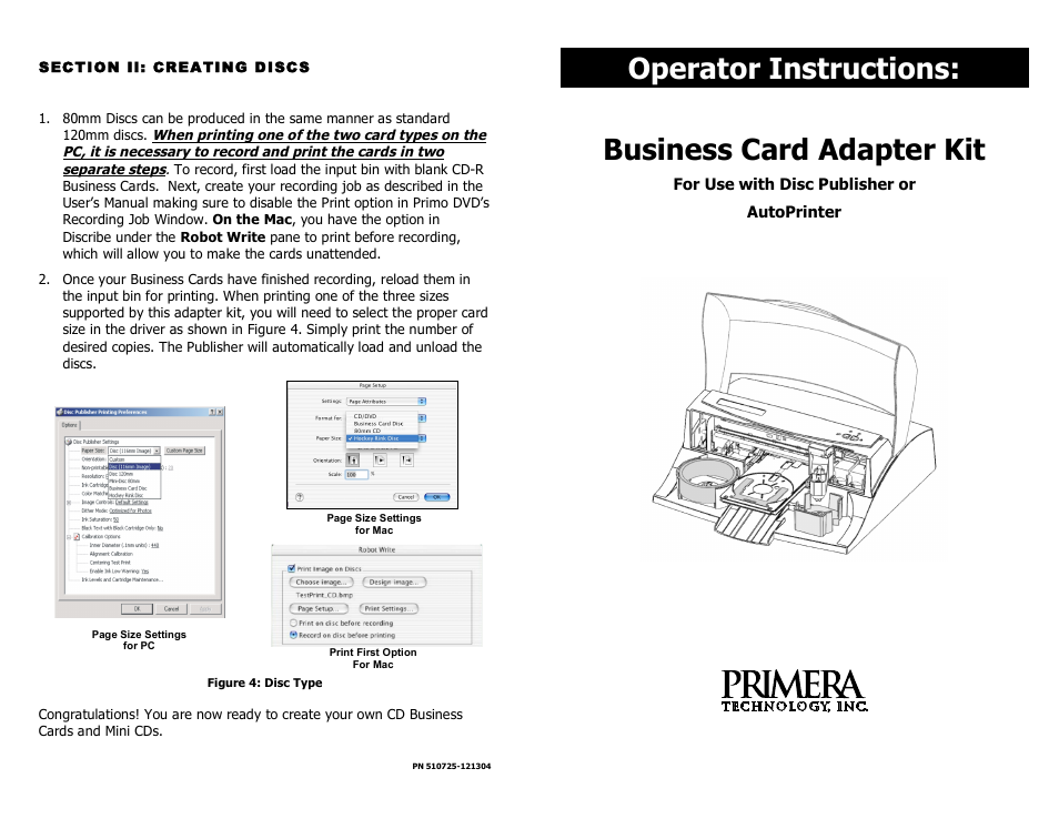 Primera Technology PN 510725-121304 User Manual | 2 pages