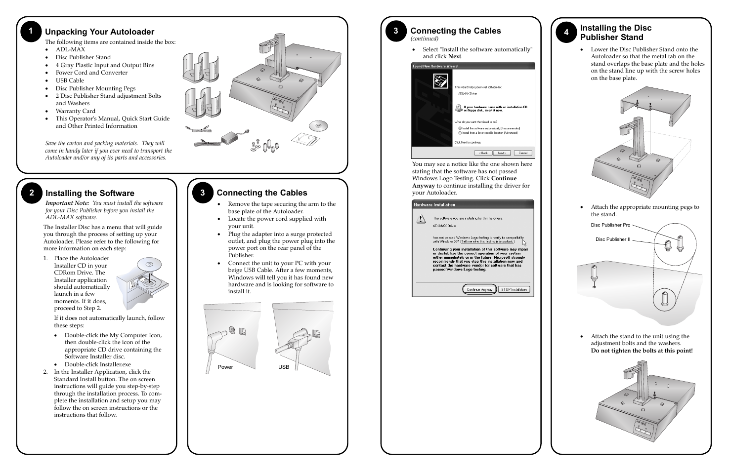21 unpacking your autoloader, Installing the software | Primera Technology Disc Autoloader ADL-MAX User Manual | Page 2 / 2