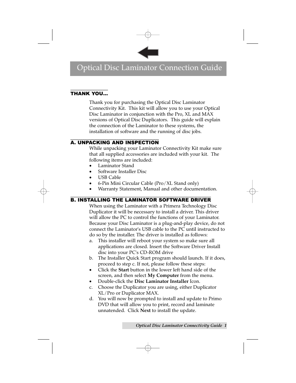 Optical disc laminator guide, A. unpacking and inspection, B. installing the laminator software driver | Optical disc laminator connection guide | Primera Technology Max User Manual | Page 5 / 20