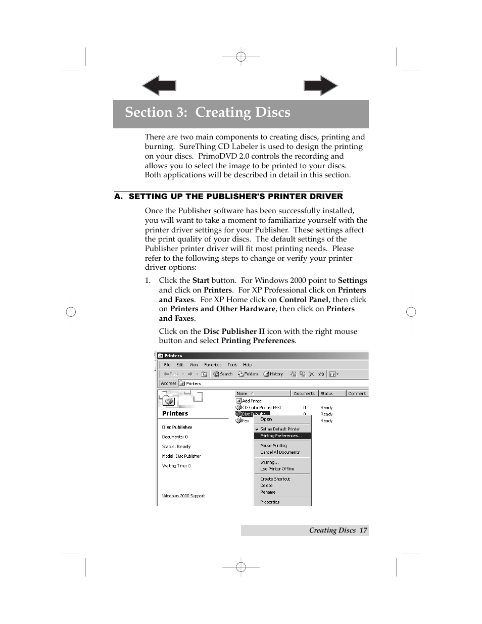 Section 3: creating discs, A. setting up the publisher’s printer driver | Primera Technology II User Manual | Page 21 / 48