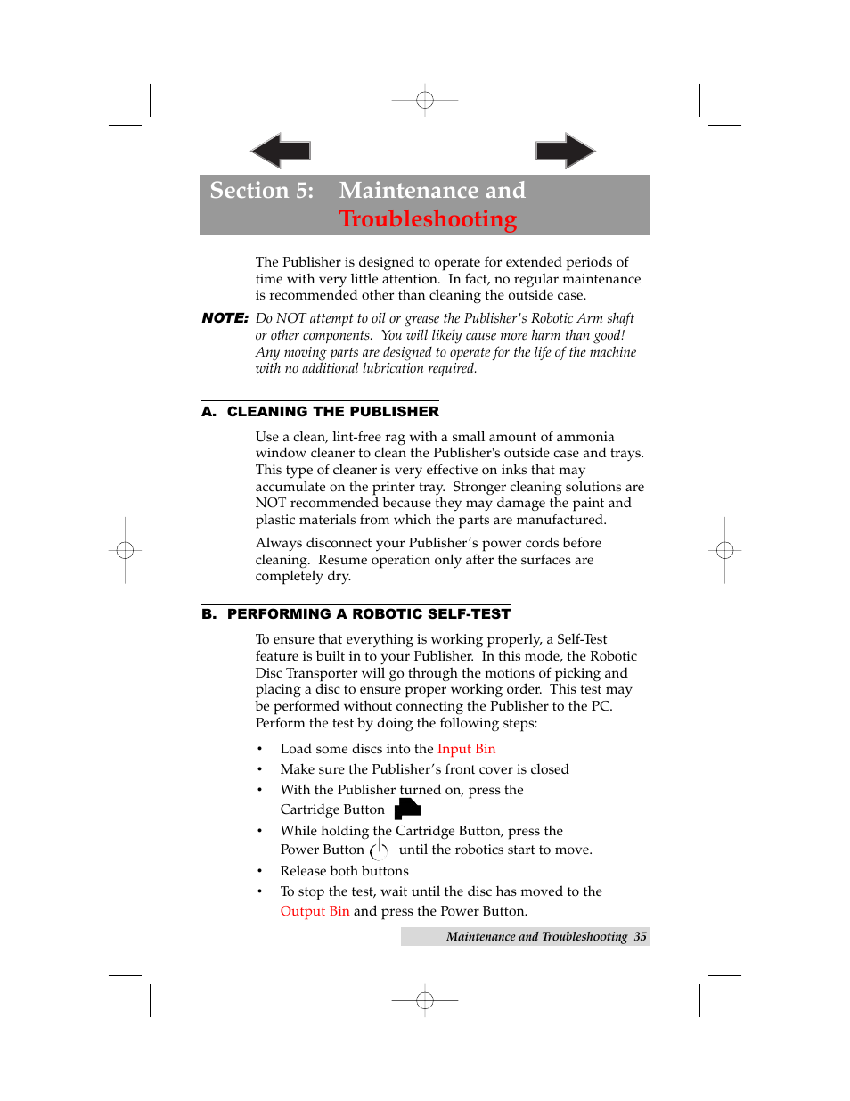 Section 5: maintenance and troubleshooting, A. cleaning the publisher, B. performing a robotic self-test | Primera Technology II User Manual | Page 39 / 48