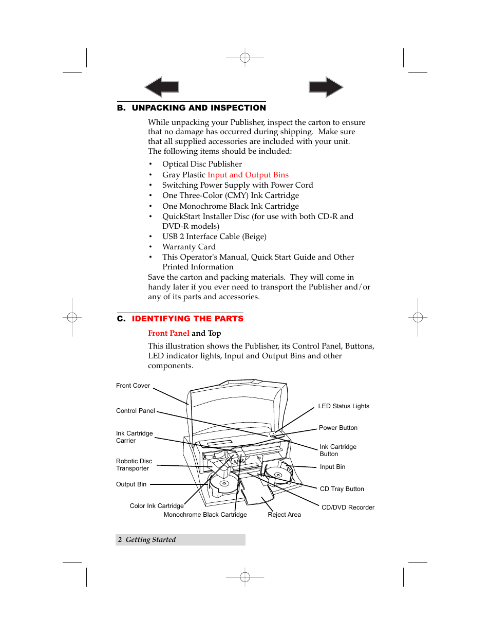 B. unpacking and inspection, C. identifying the parts | Primera Technology II User Manual | Page 6 / 48