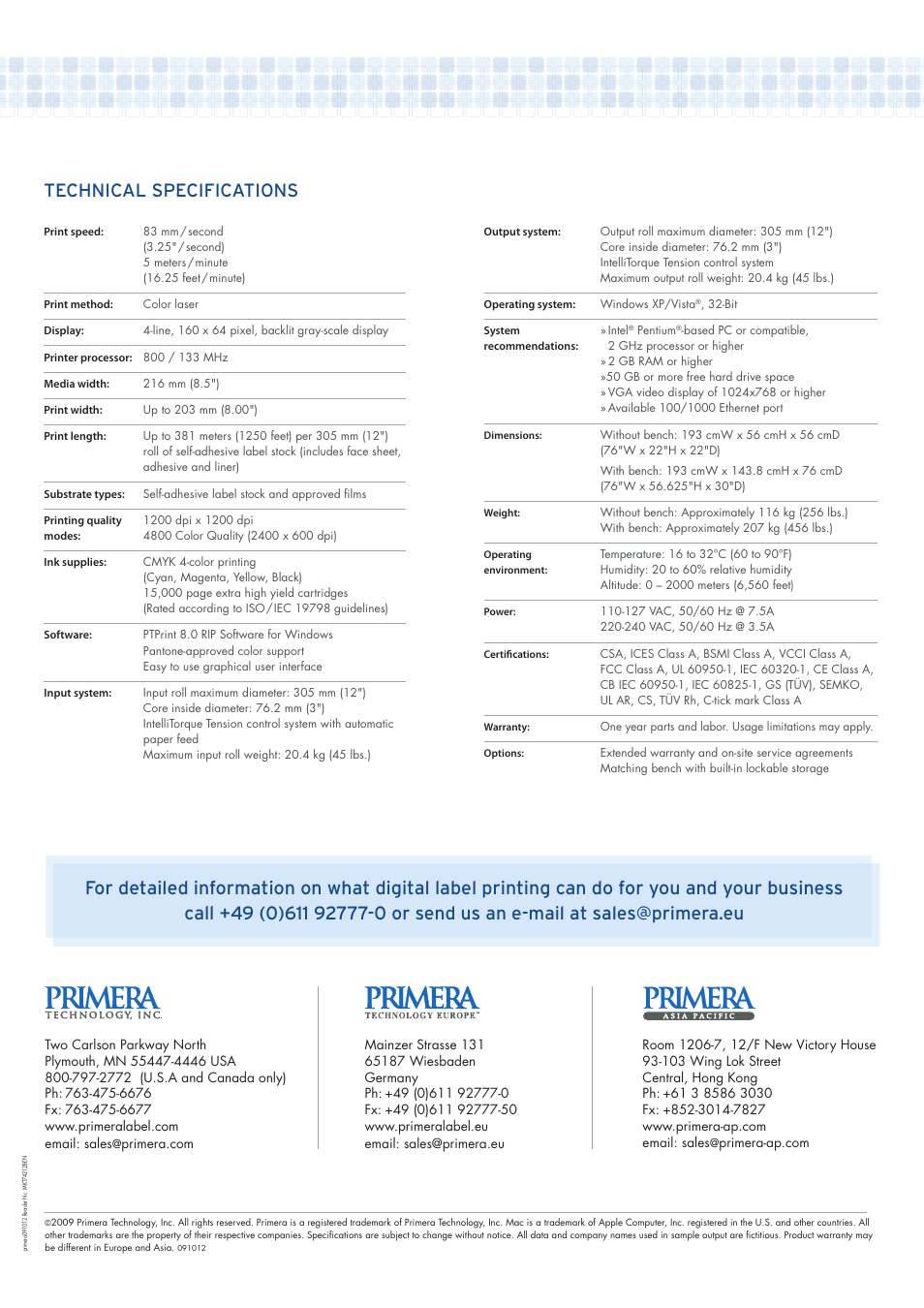Technical specifications | Primera Technology Digital Color Label Press CX1200e User Manual | Page 8 / 8
