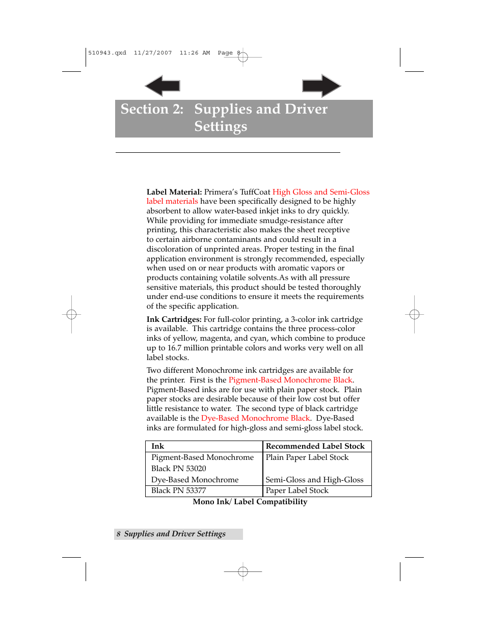 Section 2: supplies and driver settings, A. about ink cartridges and label material | Primera Technology LX810 User Manual | Page 12 / 56