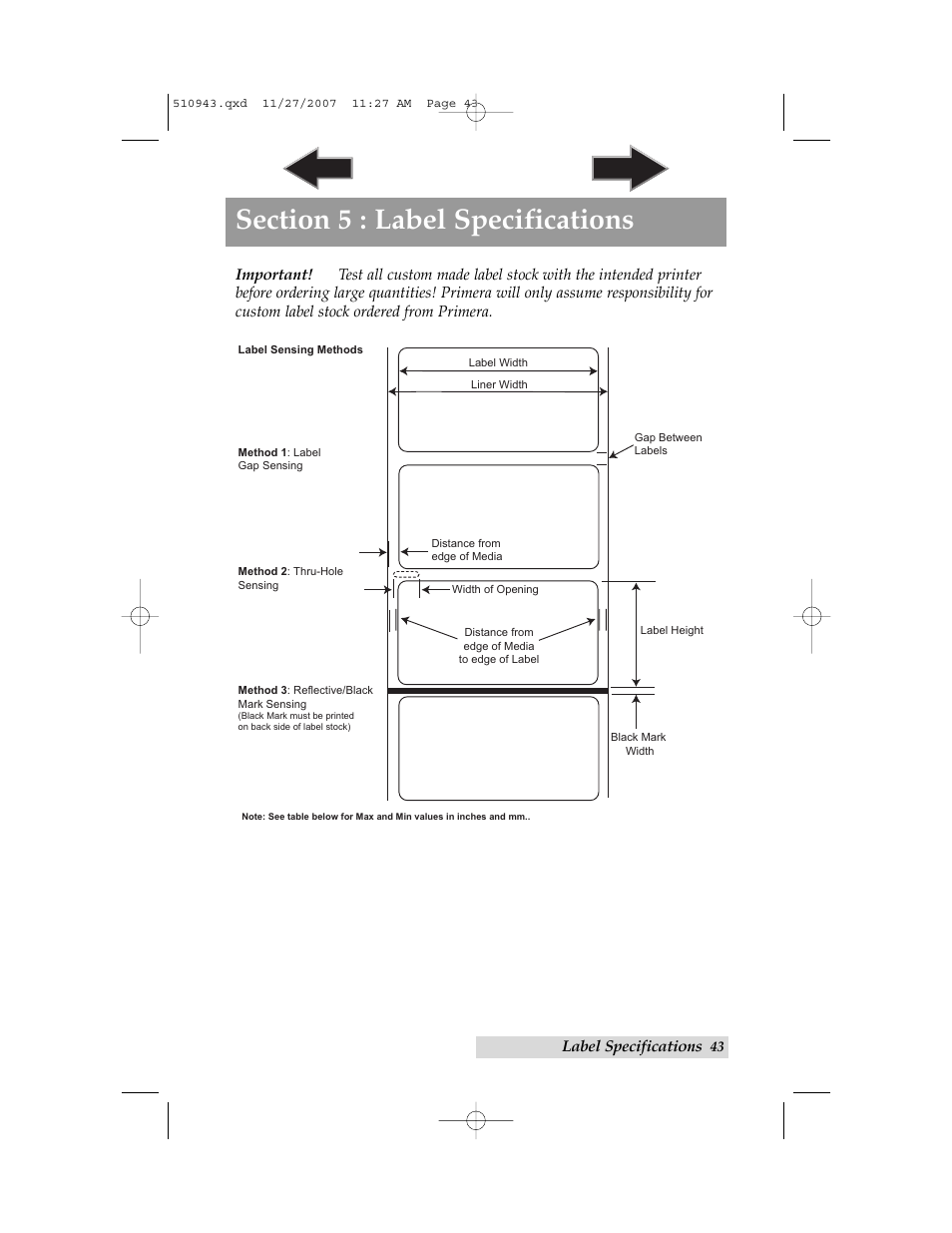 Section 5: label specifications, Index | Primera Technology LX810 User Manual | Page 47 / 56