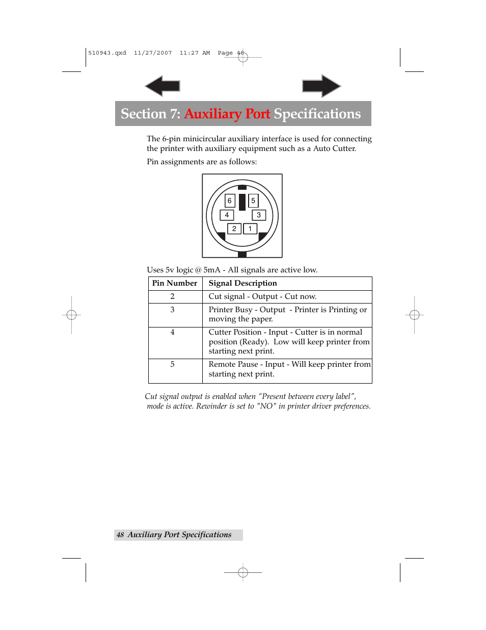 Section 7: auxiliary port specifications | Primera Technology LX810 User Manual | Page 52 / 56