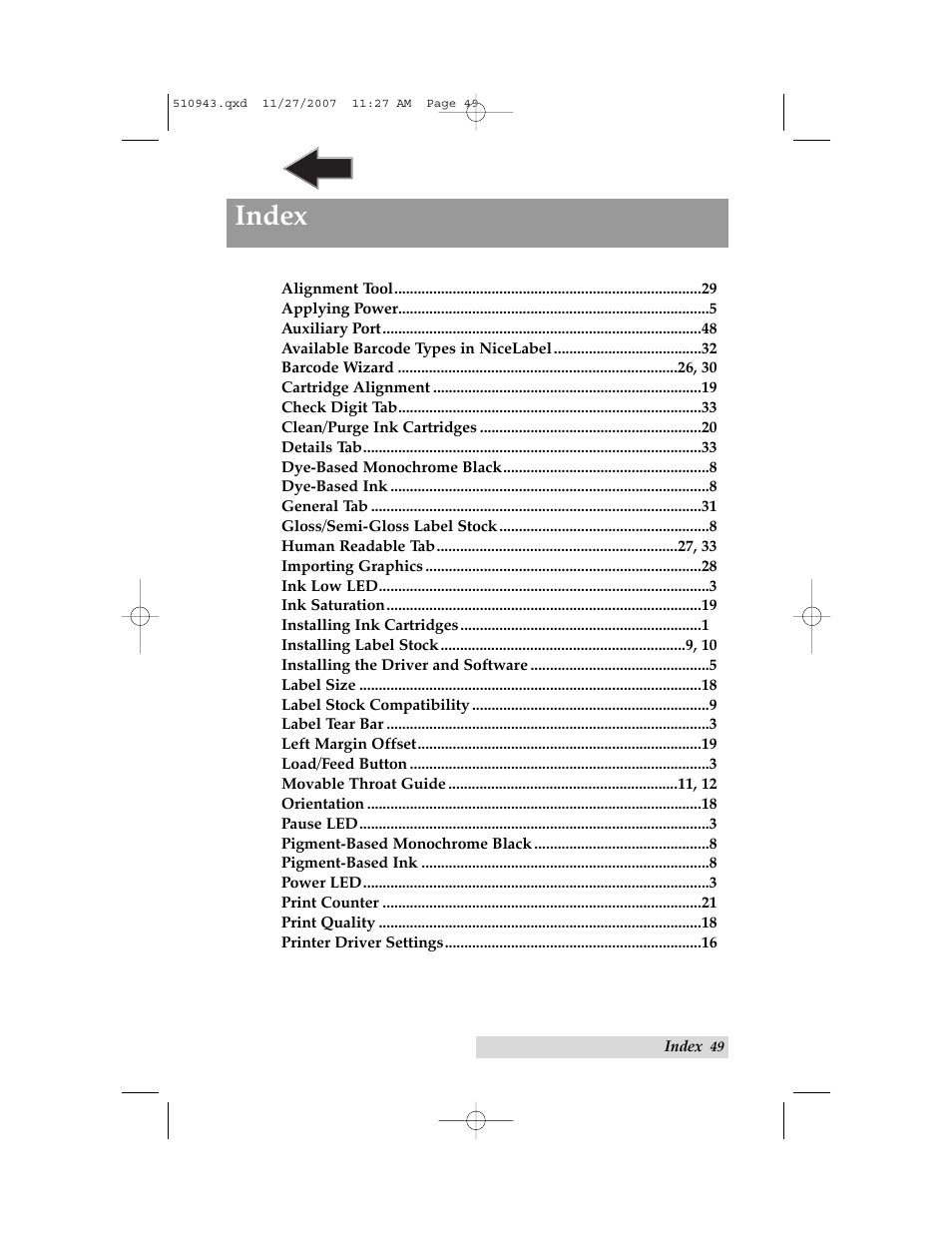 Index | Primera Technology LX810 User Manual | Page 53 / 56