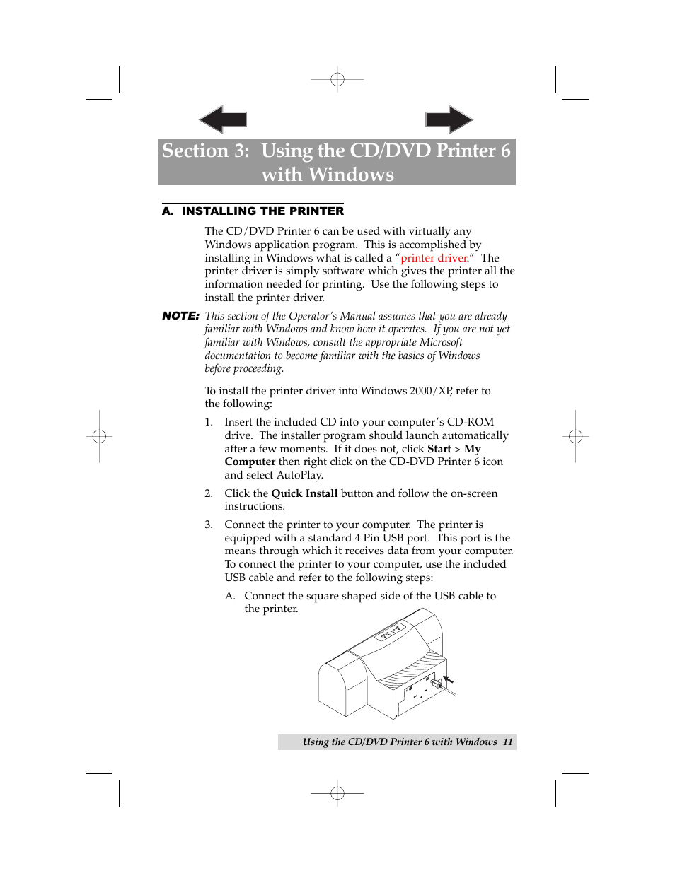 Section 3: using the cd/dvd printer 6 with windows, A. installing the printer | Primera Technology 6 User Manual | Page 15 / 36