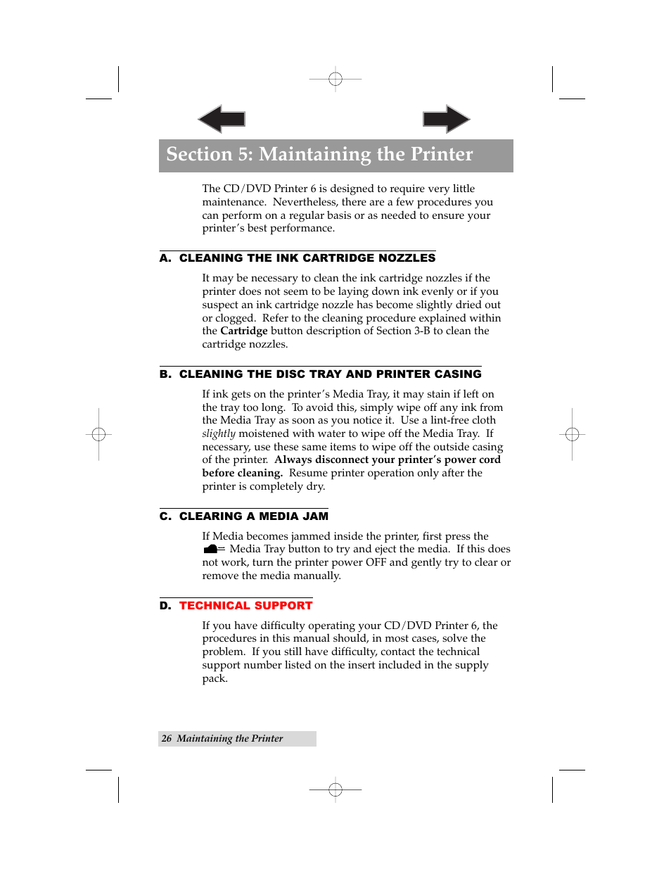 Section 5: maintaining the printer, A. cleaning the ink cartridge nozzles, B. cleaning the media tray and printer casing | C. clearing a media jam, D. technical support | Primera Technology 6 User Manual | Page 30 / 36