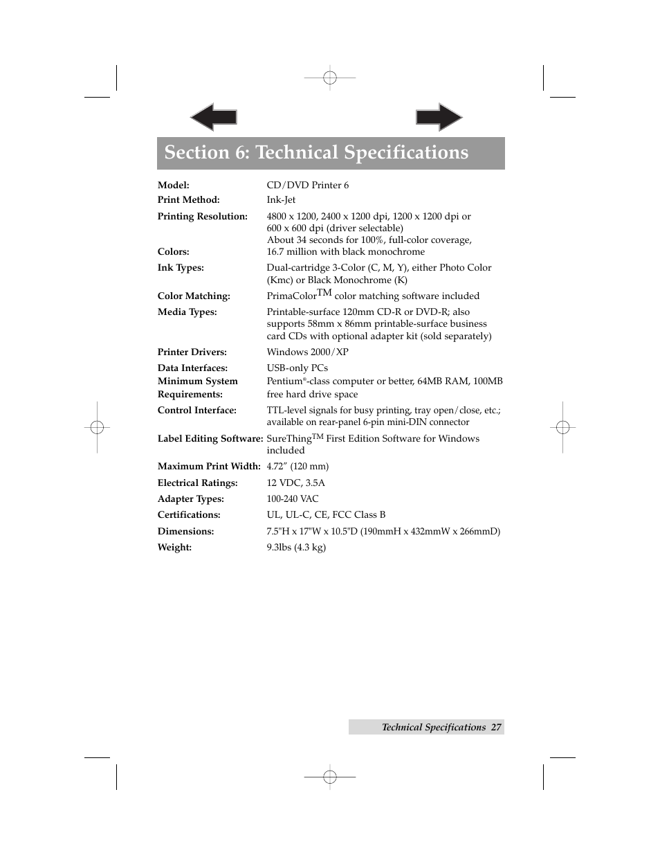 Section 6: technical specifications | Primera Technology 6 User Manual | Page 31 / 36