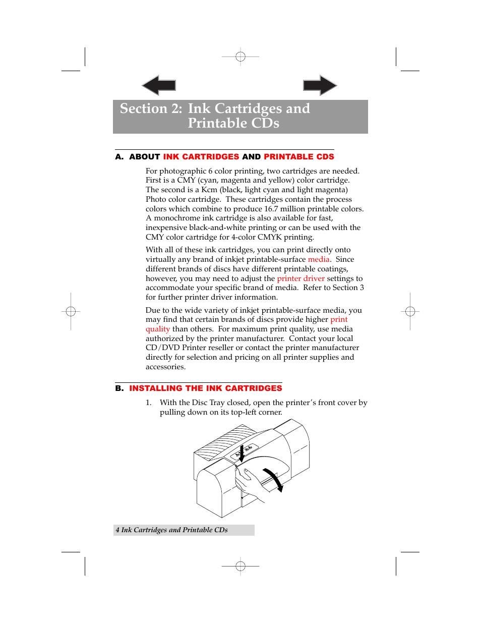 Section 2: ink cartridges and printable media, A. about ink cartridges and printable media, B. installing an ink cartridge | Primera Technology 6 User Manual | Page 8 / 36