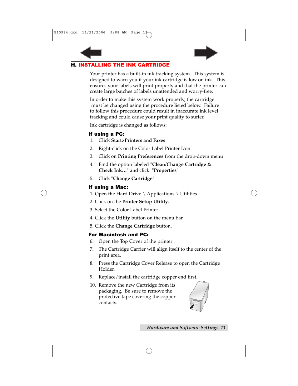 H. installing the ink cartridge | Primera Technology LX400 User Manual | Page 17 / 58