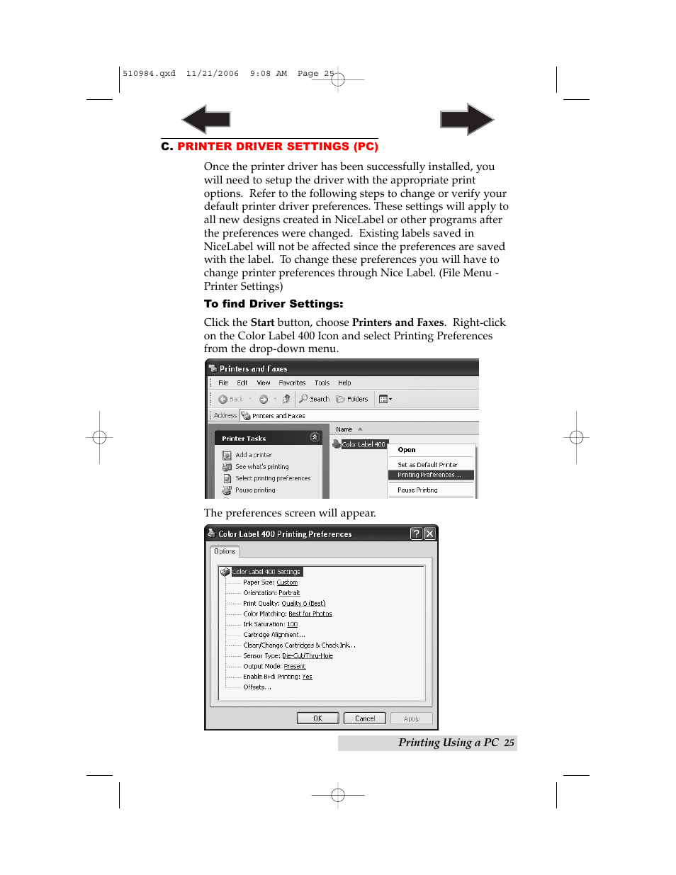 C. printer driver settings (pc) | Primera Technology LX400 User Manual | Page 29 / 58