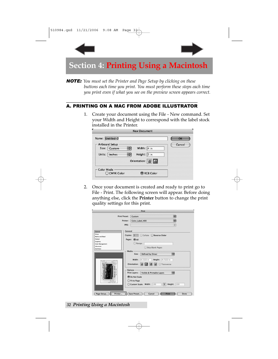 Section 4: printing using a macintosh, A. printing from adobe illustrator | Primera Technology LX400 User Manual | Page 36 / 58