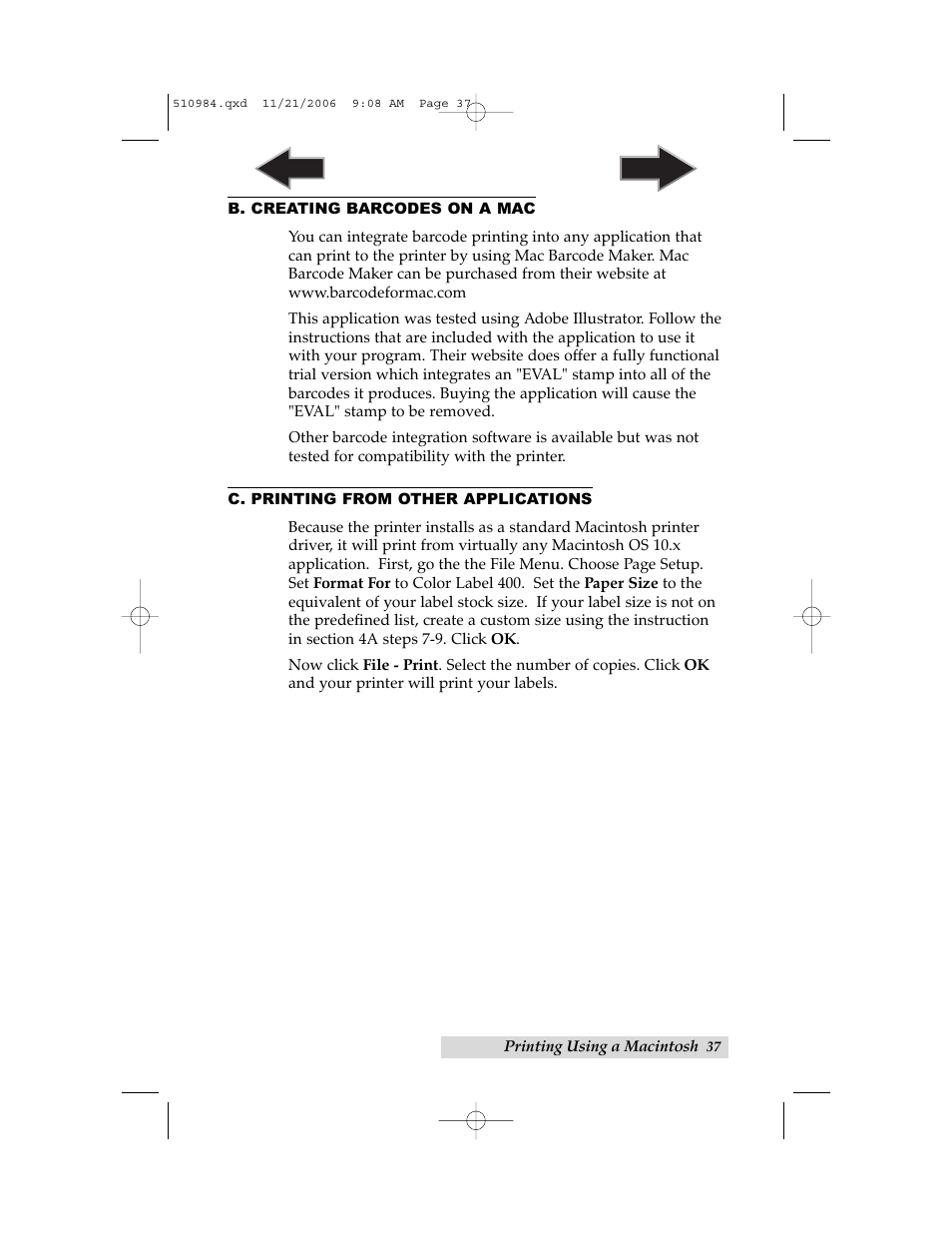 B. creating barcodes on a mac, C. printing from other applications | Primera Technology LX400 User Manual | Page 41 / 58