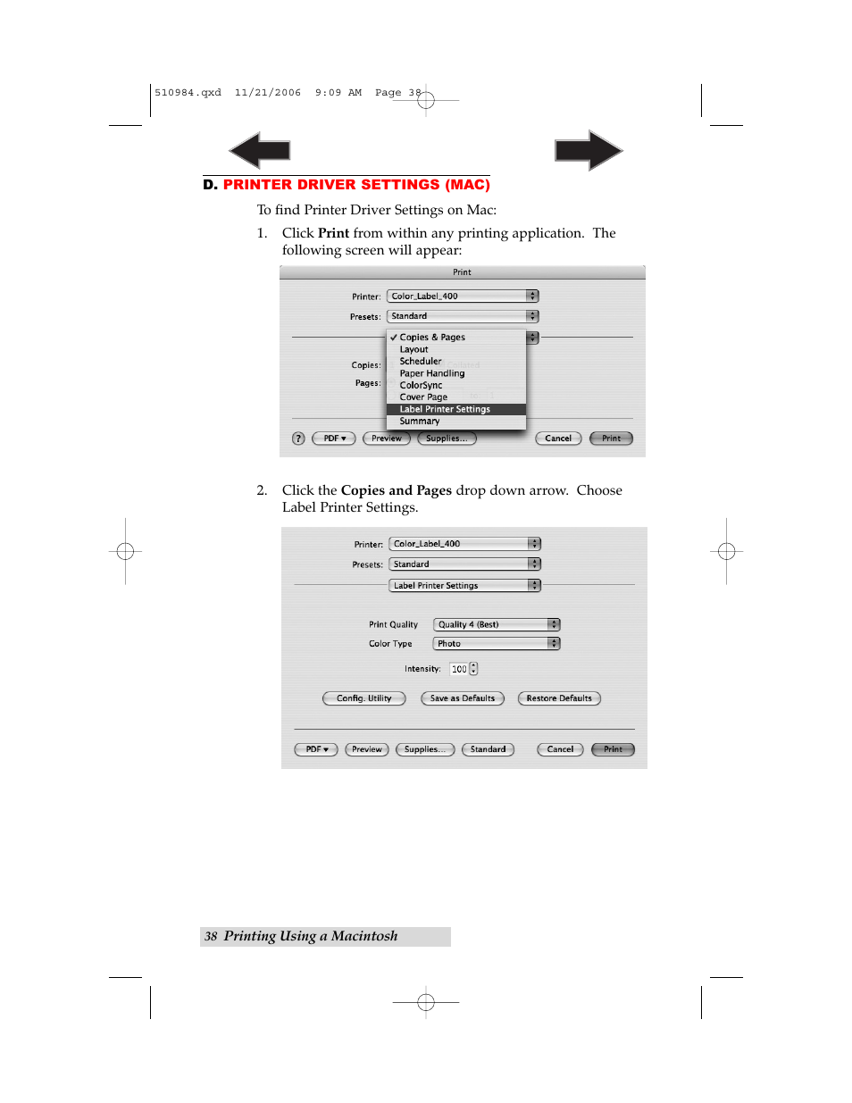 D. printer driver settings (mac) | Primera Technology LX400 User Manual | Page 42 / 58