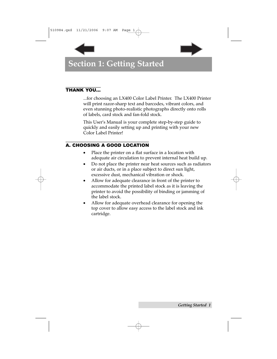 Section 1: getting started, A. choosing a good location | Primera Technology LX400 User Manual | Page 5 / 58