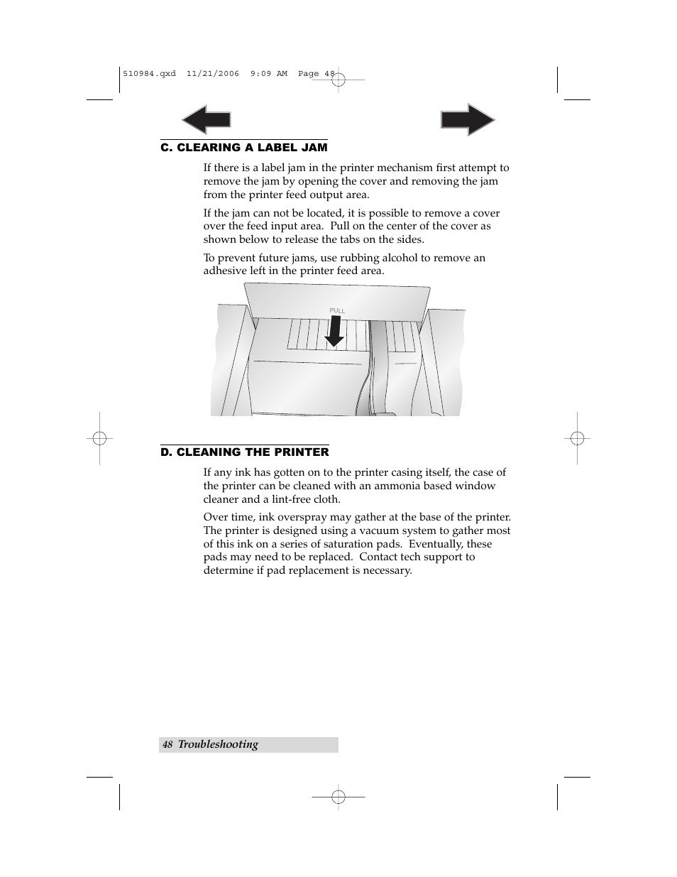 C. clearing a label jam, D. cleaning the printer | Primera Technology LX400 User Manual | Page 52 / 58