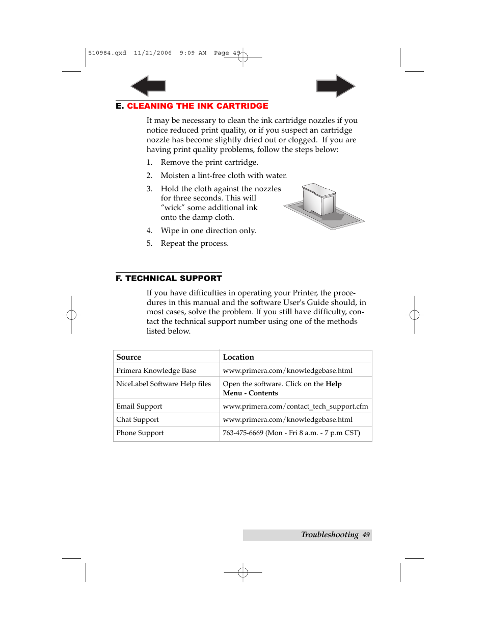 E. cleaning the ink cartridge, F. technical support | Primera Technology LX400 User Manual | Page 53 / 58