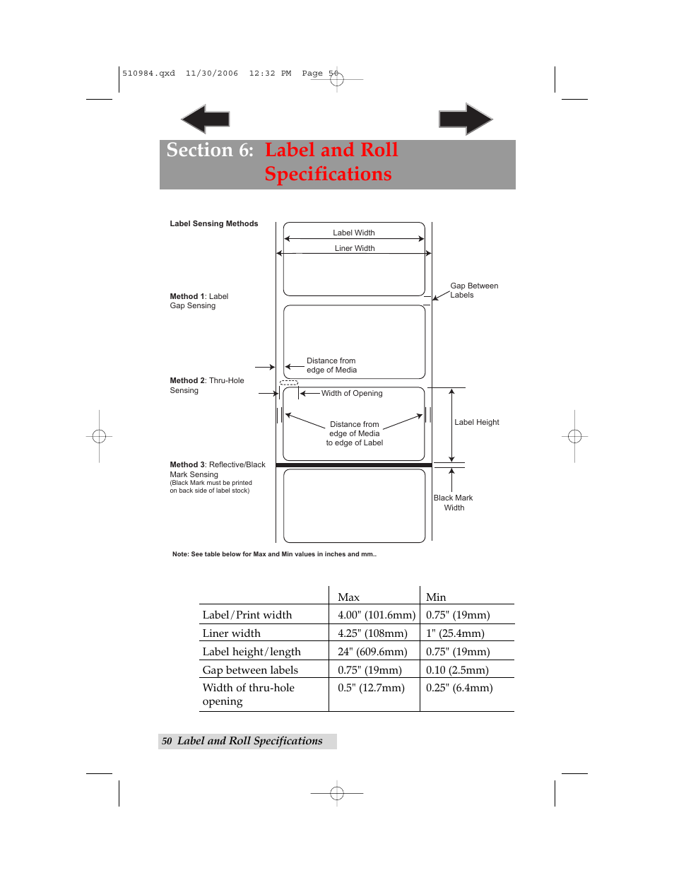 Section 6: label and roll specifications, Index | Primera Technology LX400 User Manual | Page 54 / 58