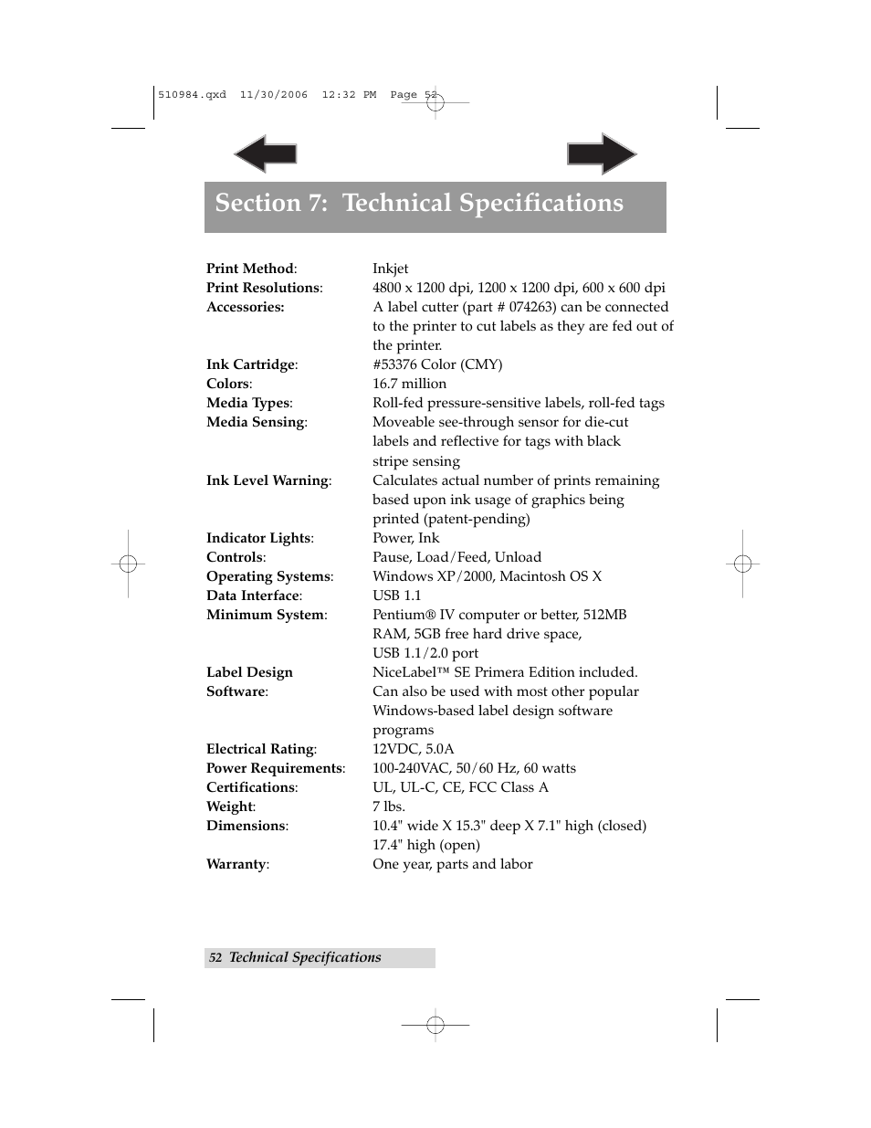 Section 7: technical specifications | Primera Technology LX400 User Manual | Page 56 / 58