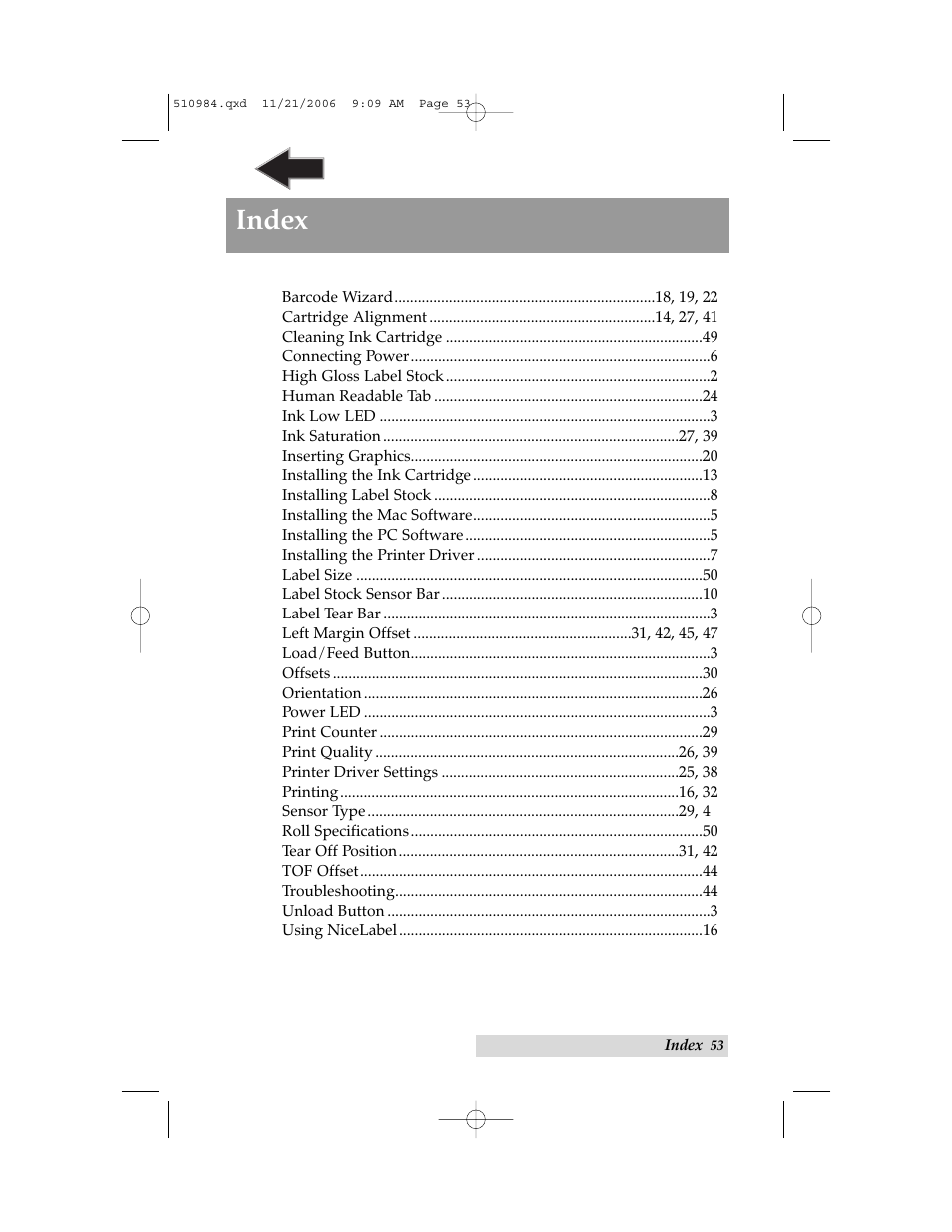 Index | Primera Technology LX400 User Manual | Page 57 / 58
