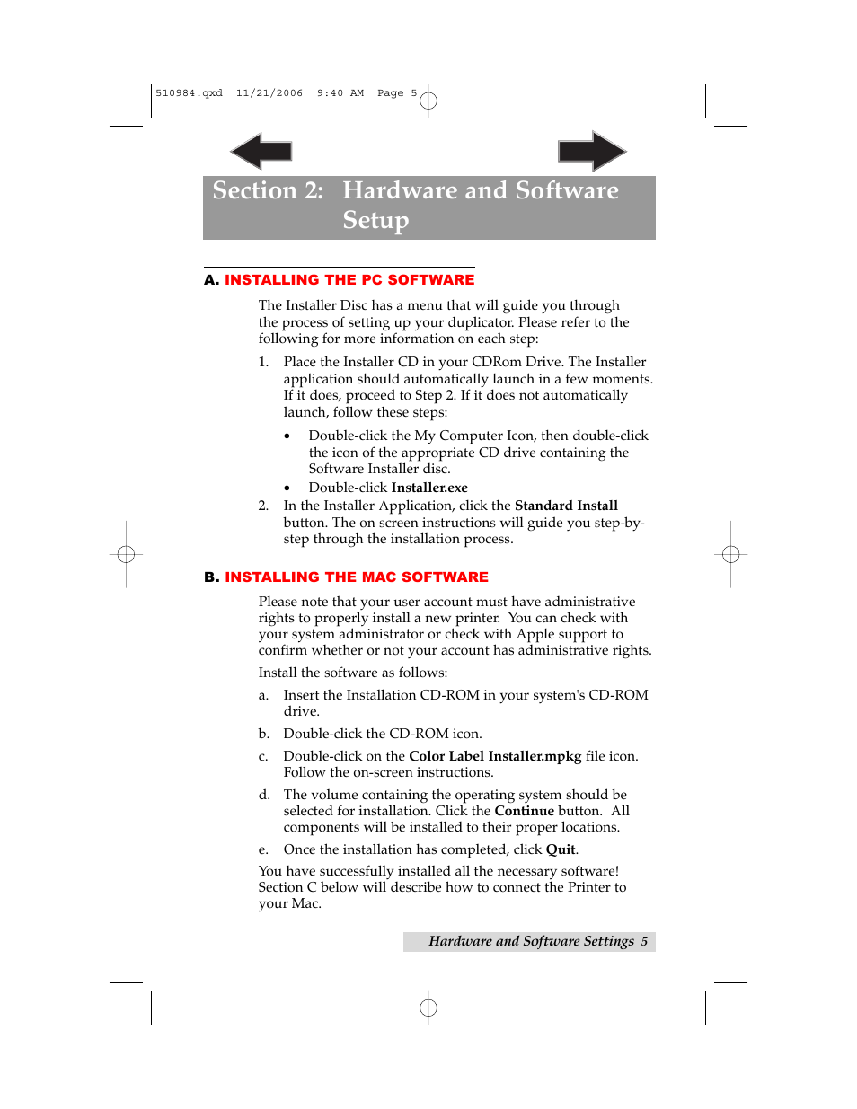 Section 2: hardware and software setup, A. installing the pc software, B. installing the mac software | Primera Technology LX400 User Manual | Page 9 / 58