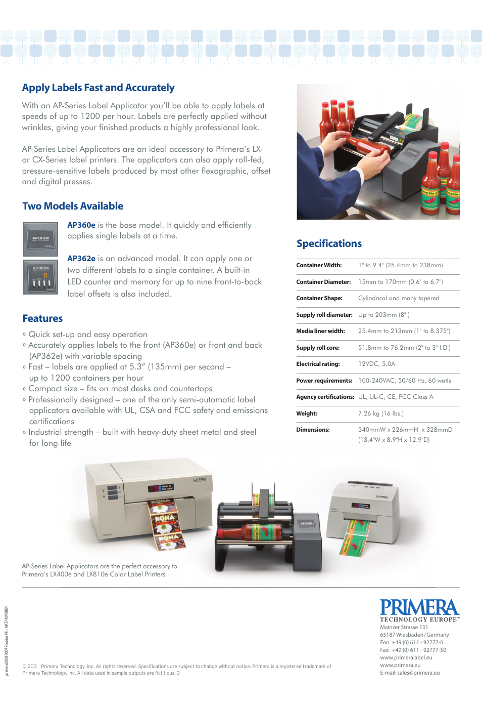Apply labels fast and accurately, Specifications, Features | Two models available | Primera Technology Label Applicator AP360e User Manual | Page 2 / 2