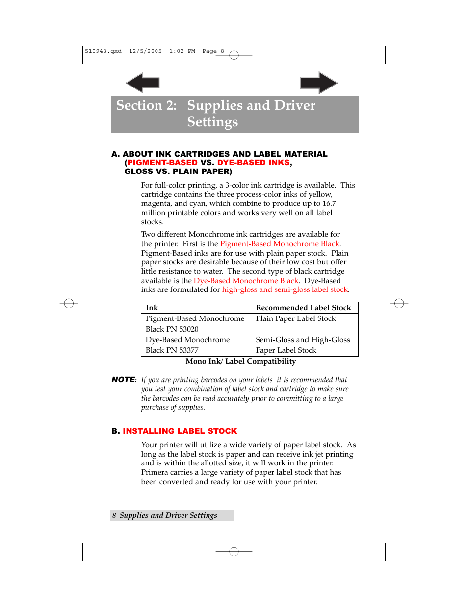 Section 2: supplies and driver settings, A. about ink cartridges and label material, B. installing label stock | Primera Technology LX 810 User Manual | Page 12 / 52