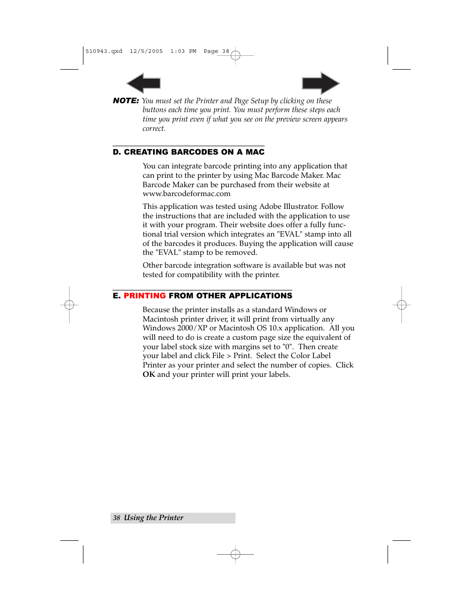 D. creating barcodes on a mac, E. printing from other applications | Primera Technology LX 810 User Manual | Page 42 / 52