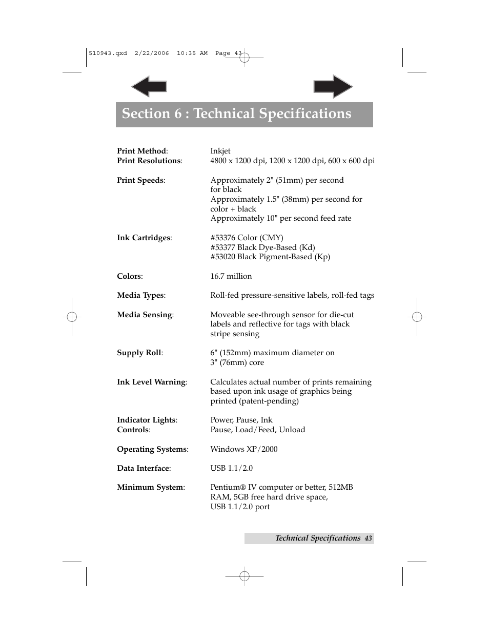 Section 6: technical specifications | Primera Technology LX 810 User Manual | Page 47 / 52