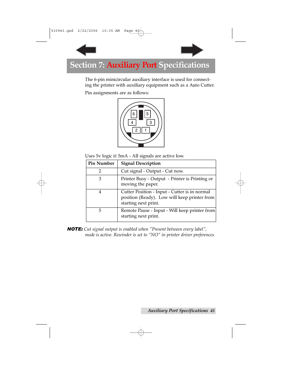 Section 7: auxiliary port specifications | Primera Technology LX 810 User Manual | Page 49 / 52