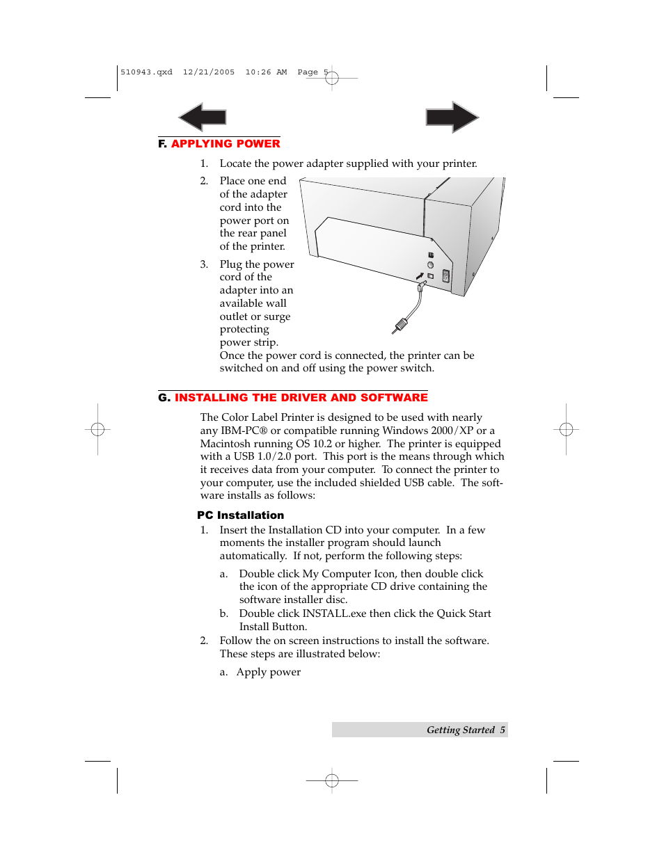 F. applying power, G. installing the driver and software | Primera Technology LX 810 User Manual | Page 9 / 52
