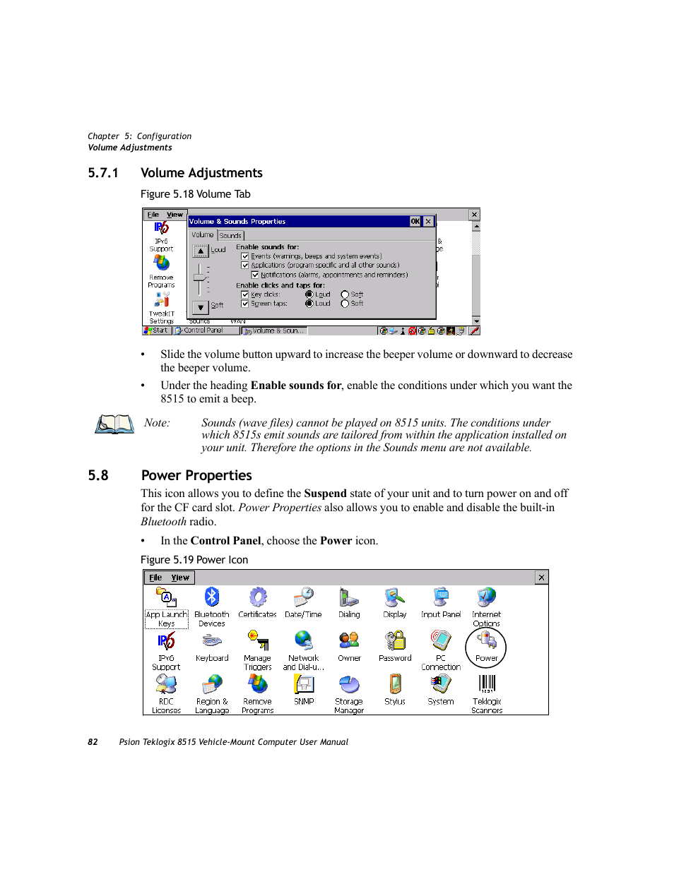 1 volume adjustments, 8 power properties, Volume adjustments | Power properties | Psion Teklogix Vehicle-Mount Computer 8515 User Manual | Page 102 / 188