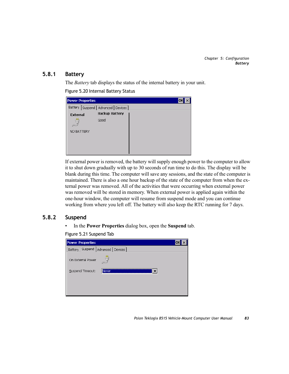 1 battery, 2 suspend, Battery | Suspend | Psion Teklogix Vehicle-Mount Computer 8515 User Manual | Page 103 / 188